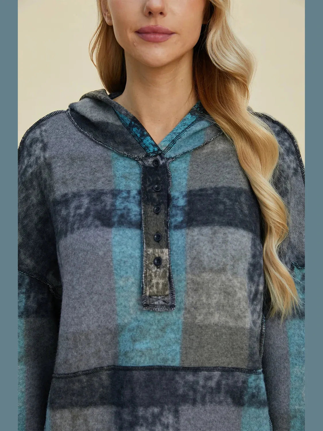 Double Take Full Size Plaid Dropped Shoulder Fleece Hoodie