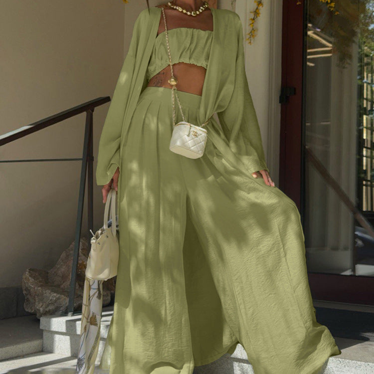 Sage Green 3-Piece Loungewear Set - Crop Top, Kimono Cardigan & Wide Leg Pants