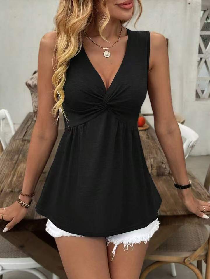 Sleeveless V-neck Design With A Twisted Ruched Waist-cinching Detail On The Back
