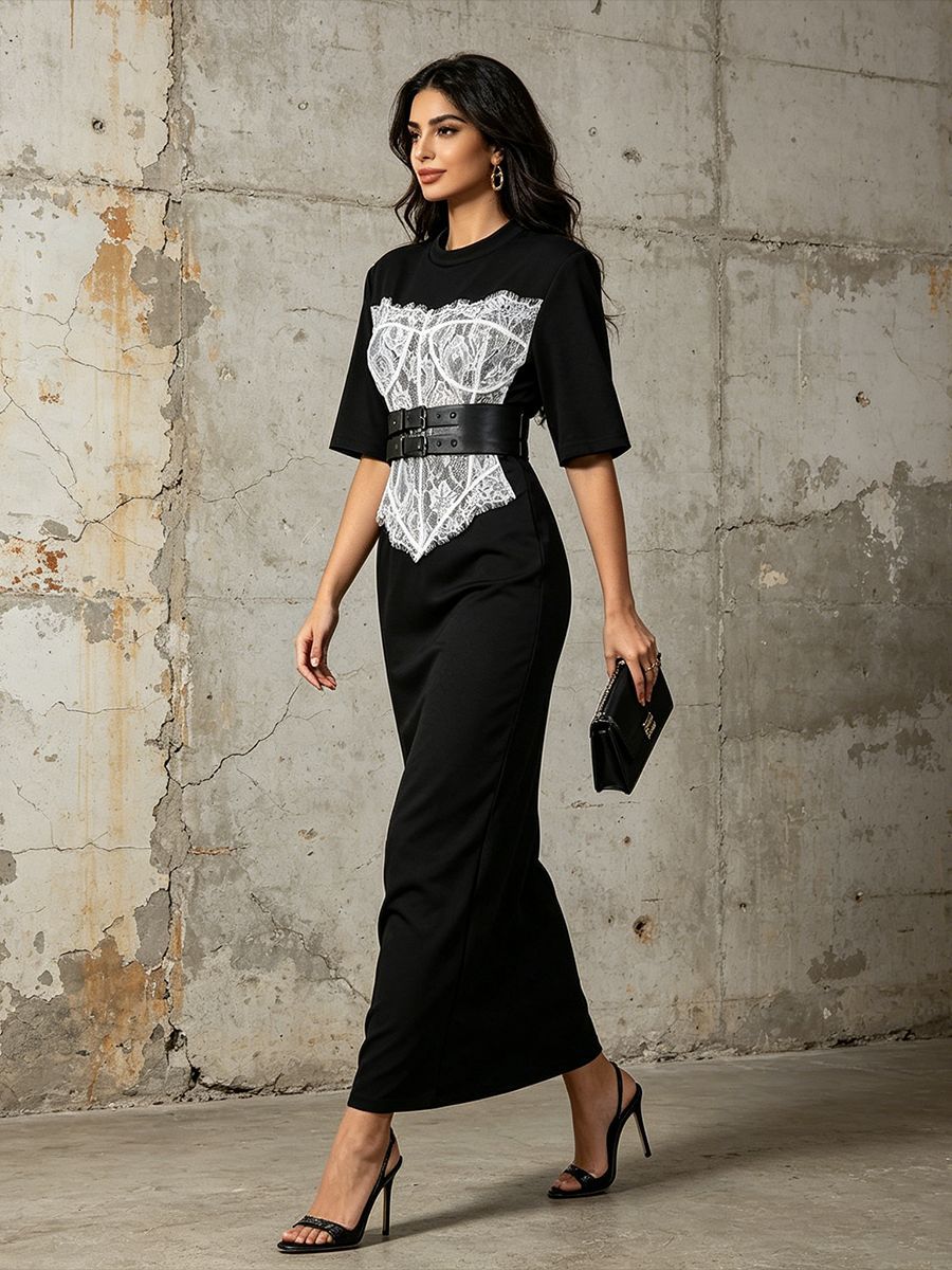 Contrast Lace Corset Panel Midi Bodycon Dress With Wide Belt