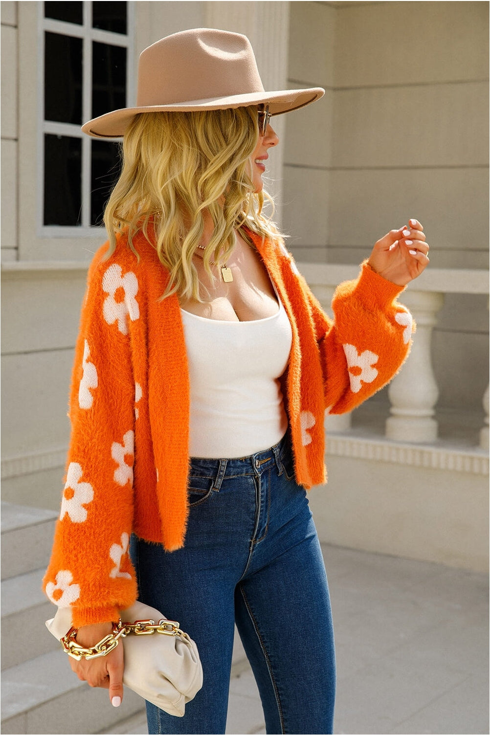 Women Floral Open Front Fuzzy Cardigan Sweater