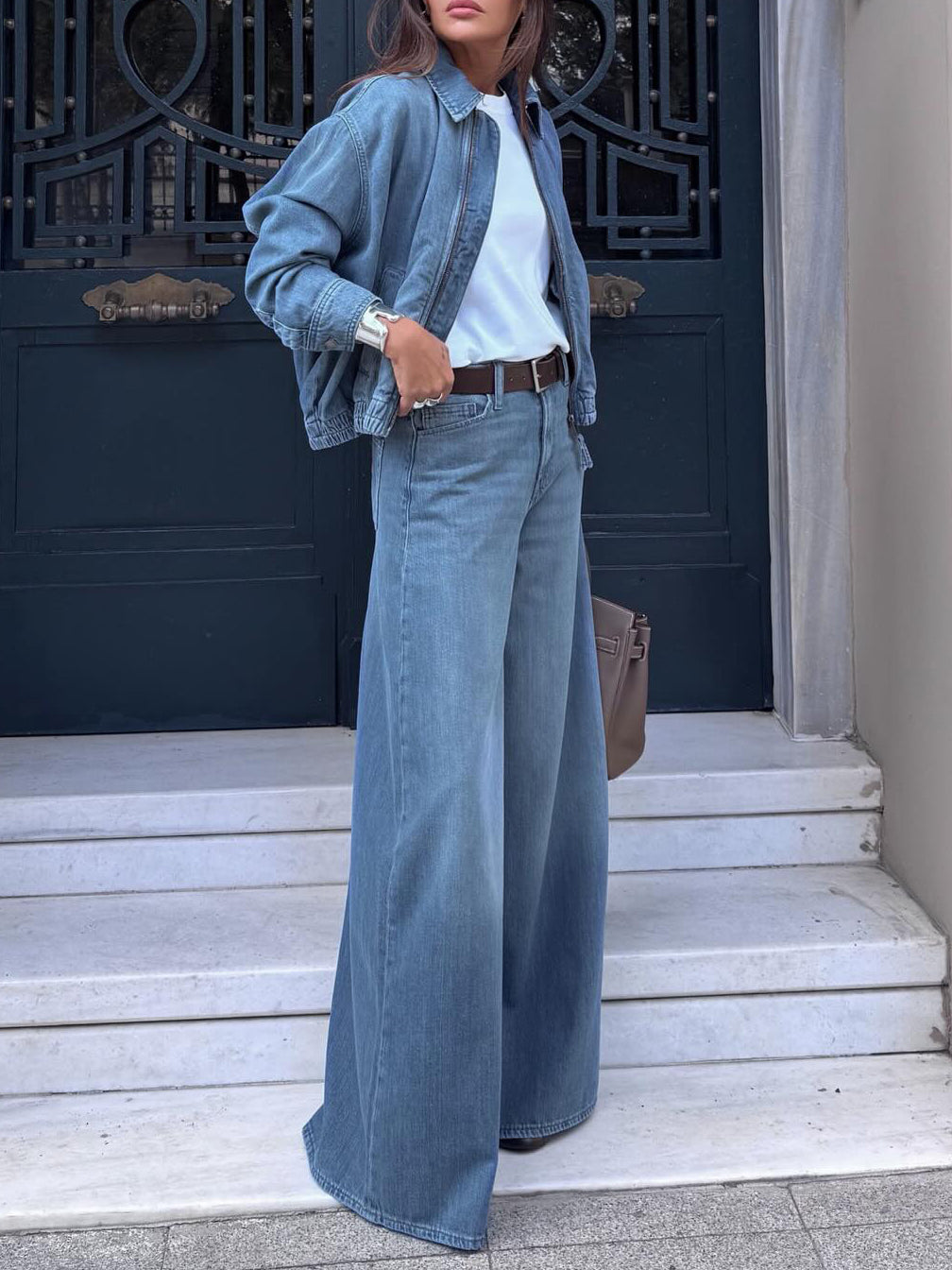 Light Blue Denim Cropped Jacket And Wide-leg Jeans Set