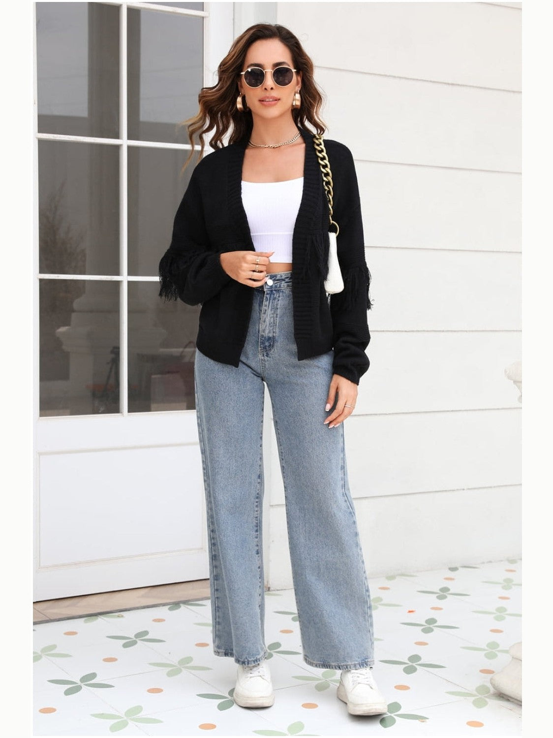 Women Double Take Fringe Trim Open Front Cardigan Sweater