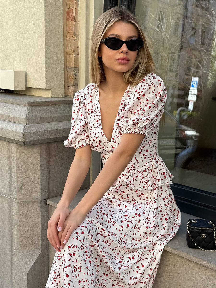 Printed Waist-cinching Puff Sleeve Dress