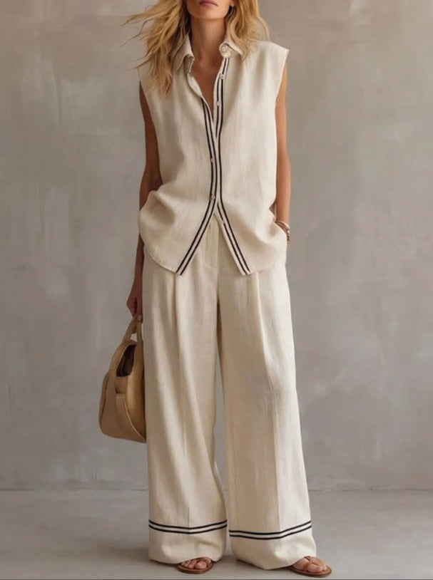 2026 New Beige Linen Style Contrasting Stripe Set