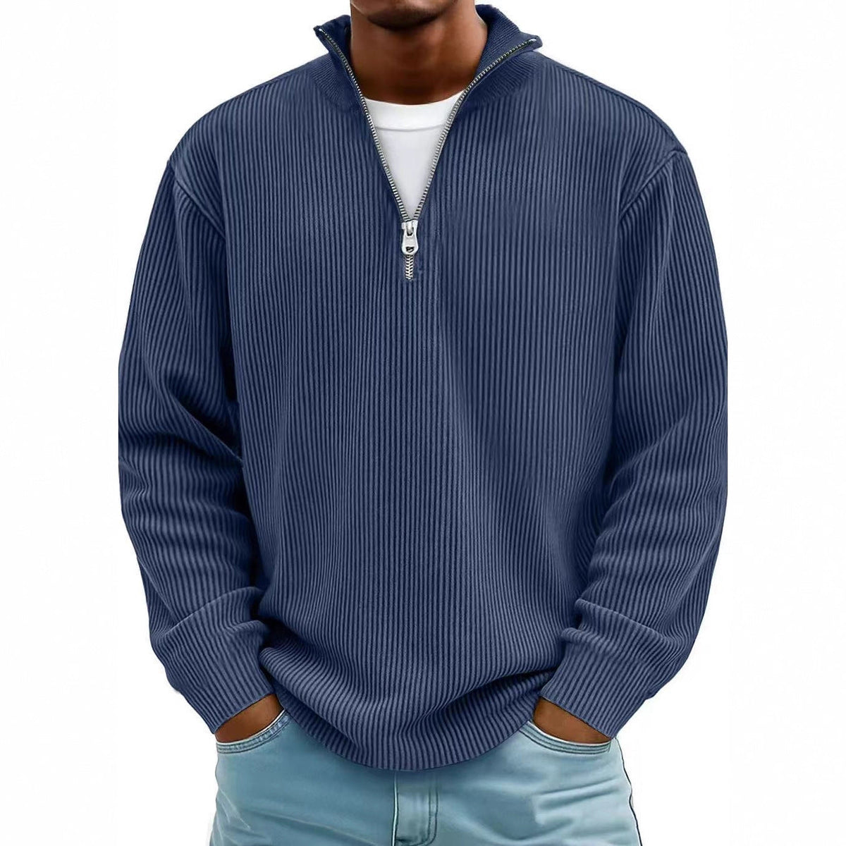 Corduroy Zipper Stand Collar Sweatshirt Fashion Warm Solid Color Long Sleeve Top Men's Casual Polo Shirt Clothing
