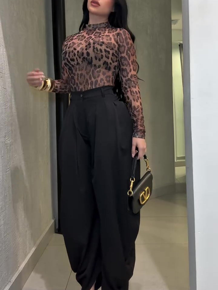 Leopard Print High Neck Diamond Long Sleeve Top