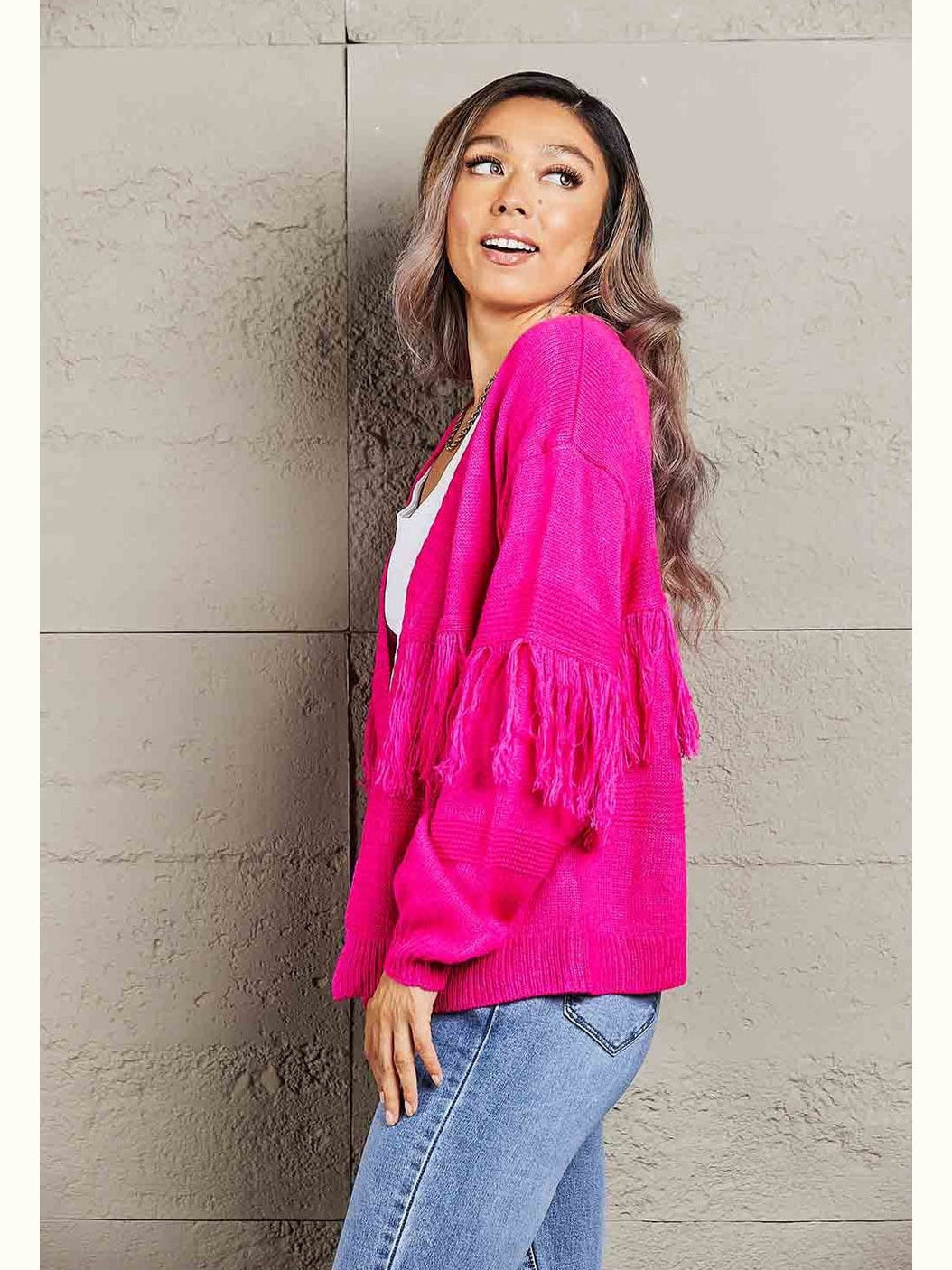 Women Double Take Fringe Trim Open Front Cardigan Sweater