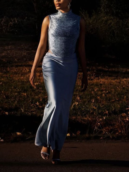 Elegant Sleeveless Tassel-trimmed Zippered Satin Fishtail Maxi Dress Set