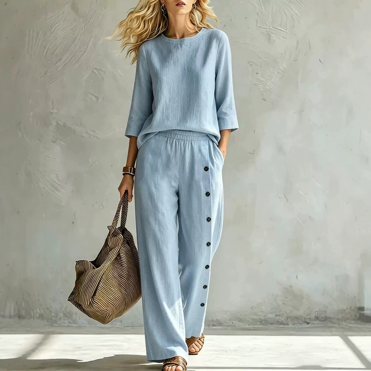 2026 European And American Women's Fashionable Solid Color Buckle Design Casual Loose Two-piece Set