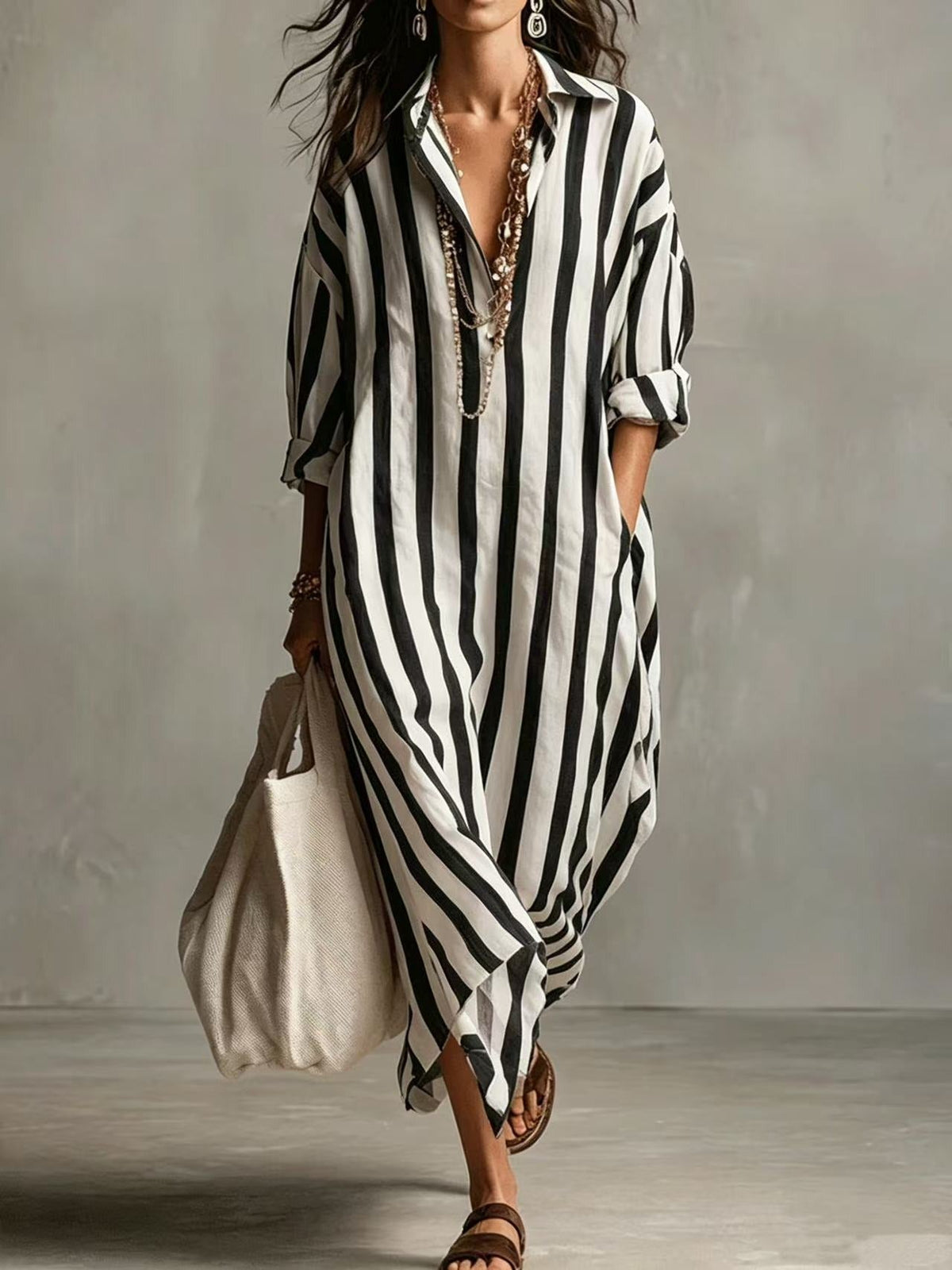 2026 Summer New Arrival, Women's Elegant Long Striped Dress With V-Neck