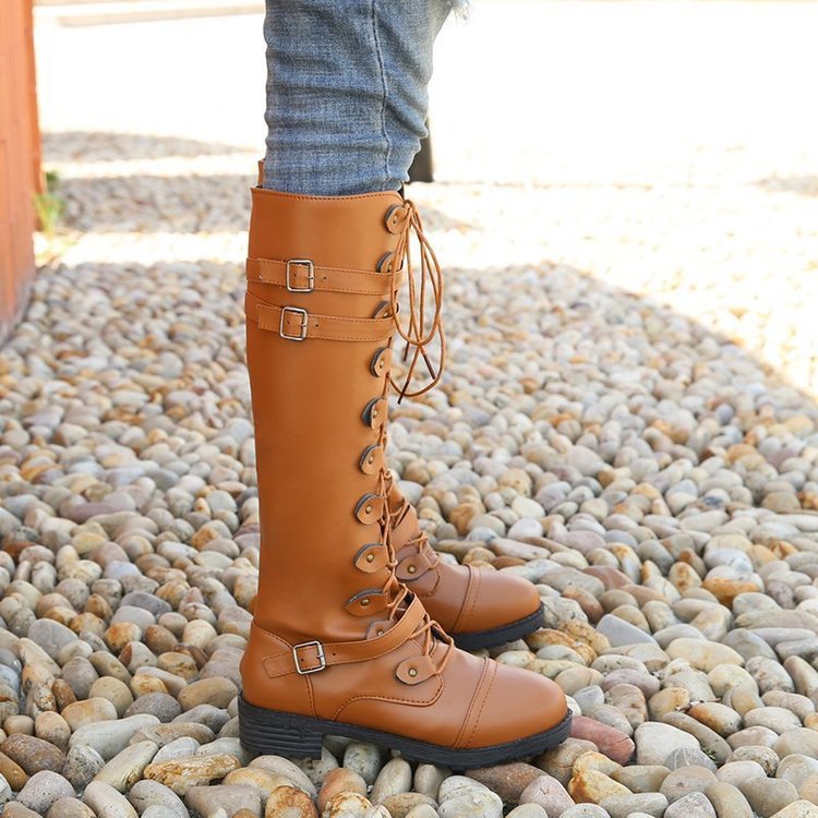 Round Toe Mid-heel Lace-up Over-the-knee Boots