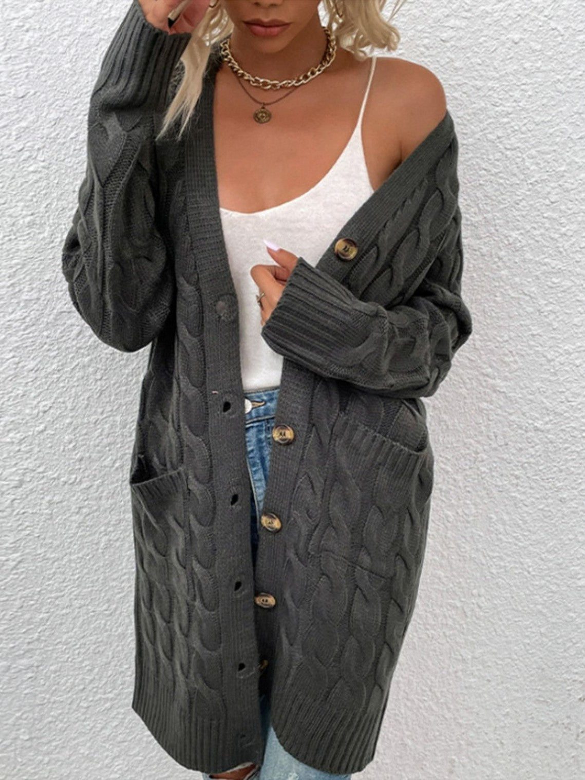 Women Cable-Knit Button Down Cardigan with Pockets