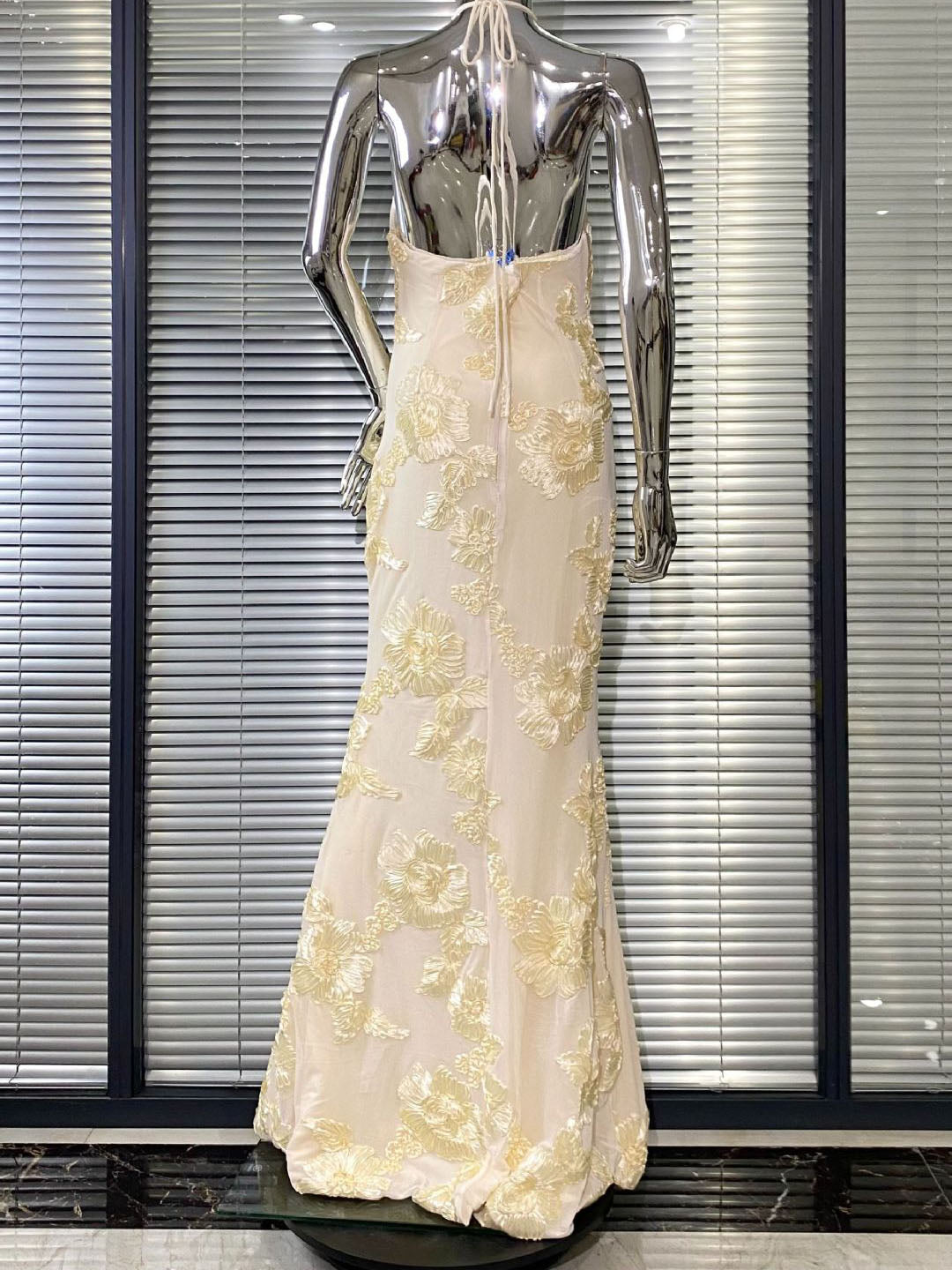 Cream Floral  Halter Neck Mermaid Gown