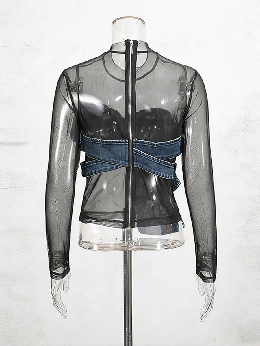 Denim Bow Mesh Overlay Top
