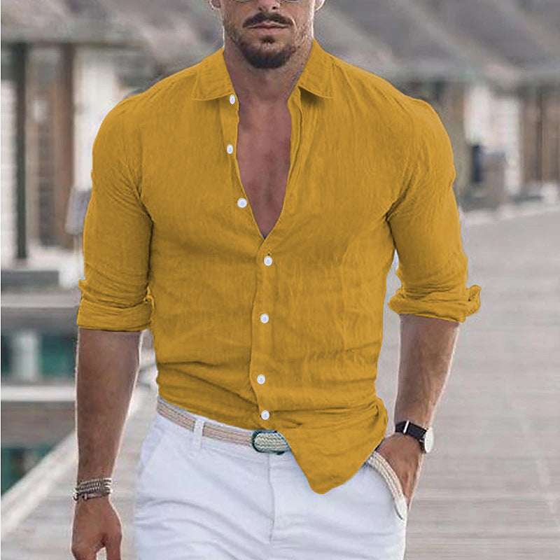 Men's Cotton And Linen Lapel Long Sleeve Solid Color Shirt