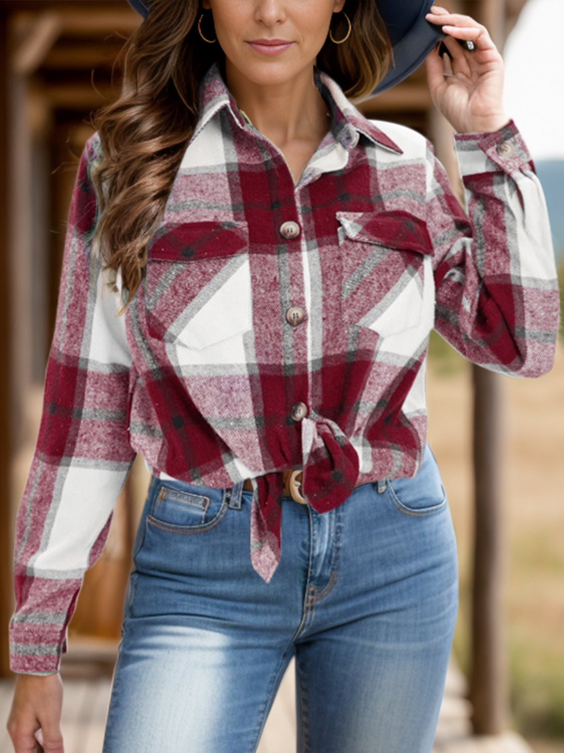 Women Full Size Pocketed Plaid Collared Neck Shacket