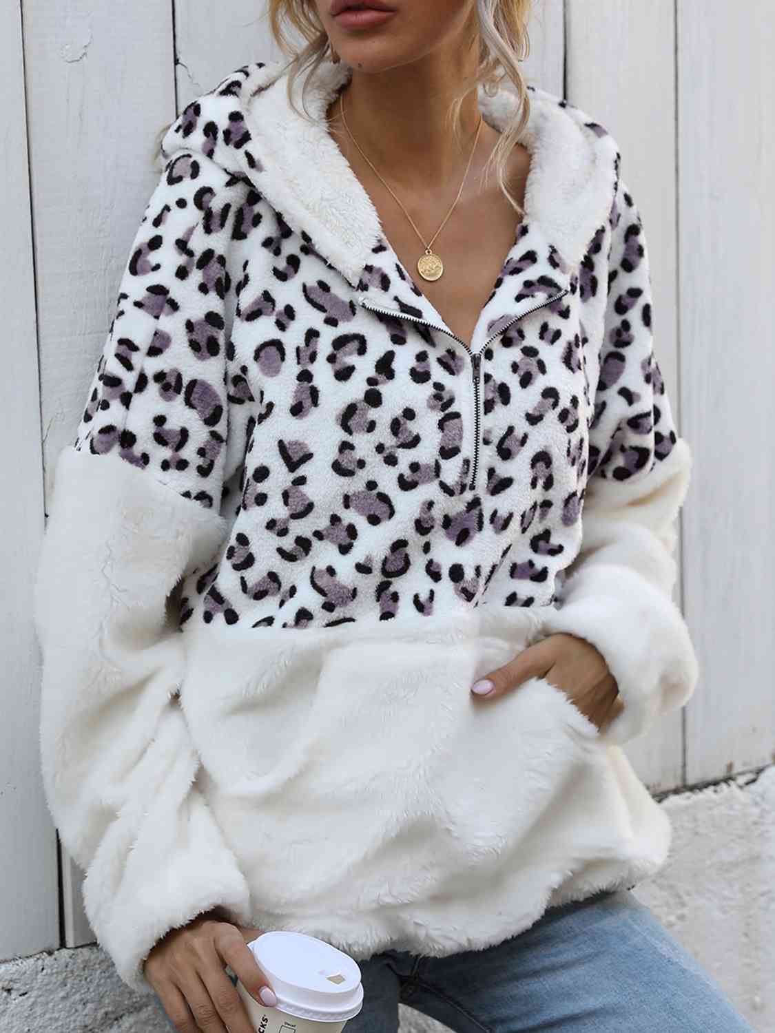 Women Leopard Half-Zip Dropped Shoulder Hoodie