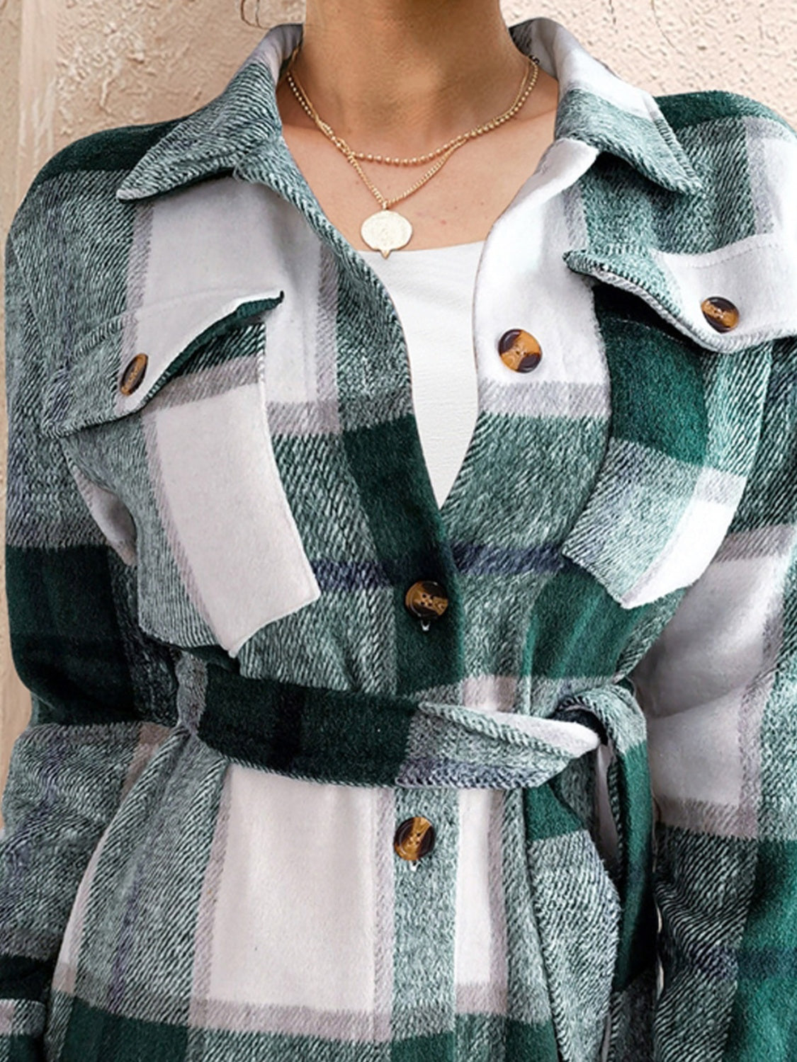 Women FAM-FAM Tied Plaid Button Up Shacket