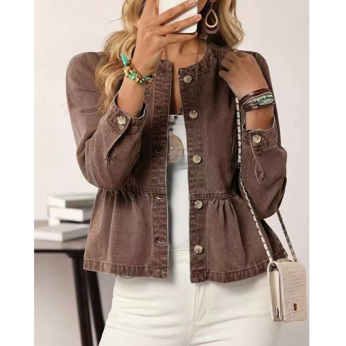 Cross-Border Denim Jacket For Women, Short Style, 2026 Spring And Autumn New Popular Model, European And American Casual Versatile Round Neck Puff Sleeves