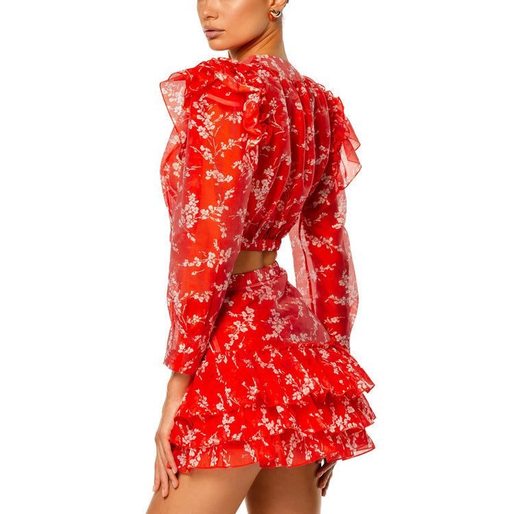 Round Neck Long-sleeved Cropped Top And Printed Skirt Two-piece Set