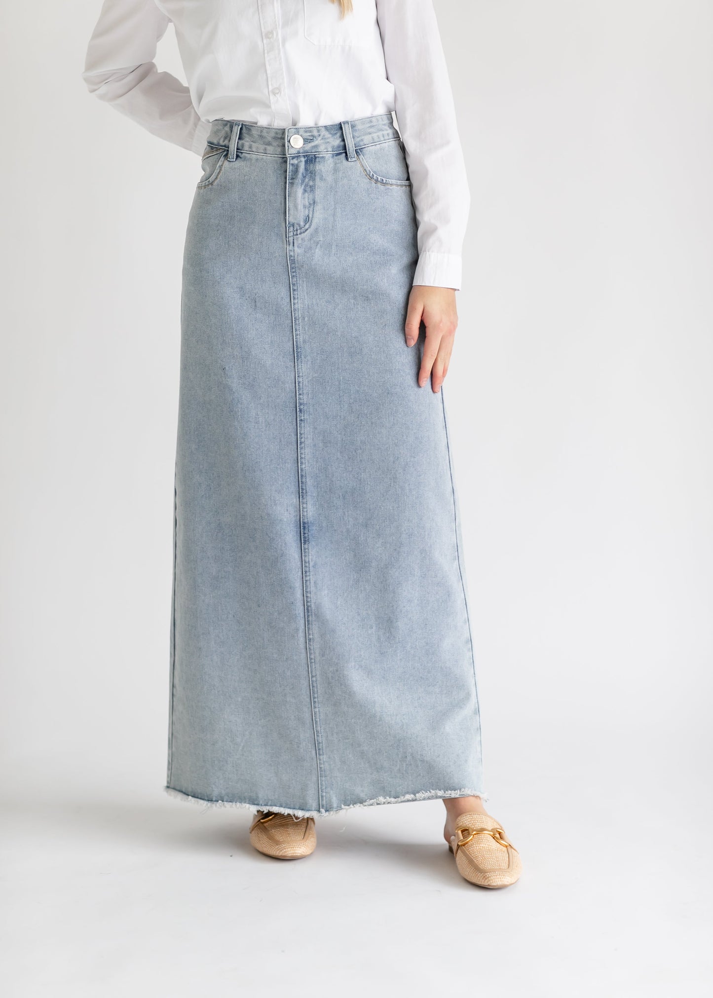 Elisha Light Wash Long Denim Skirt