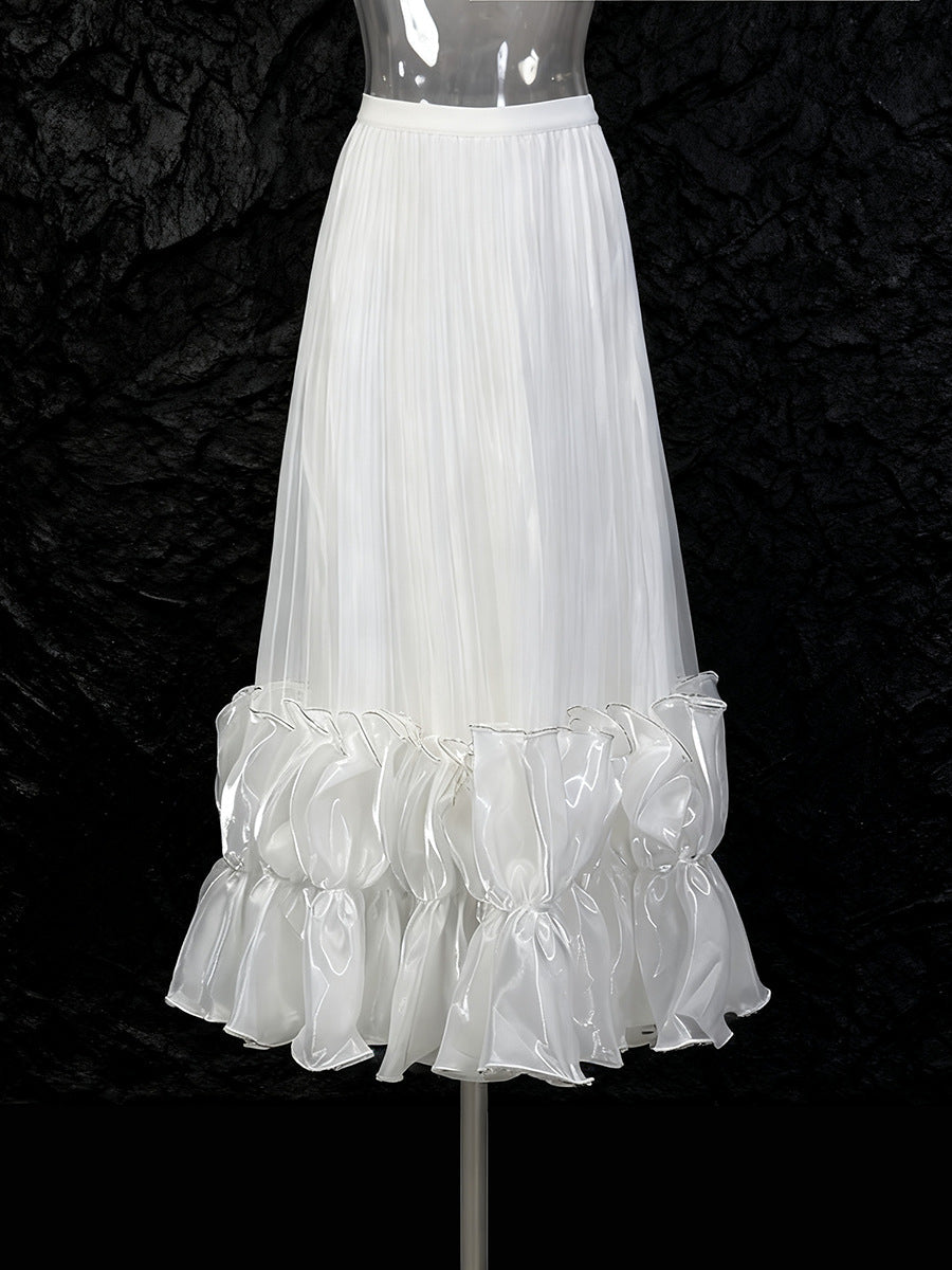 High Waist Pleated Ruffle Hem Midi Skirt