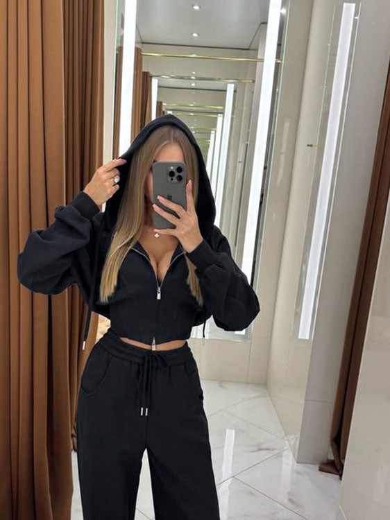 Solid Color Zip-up Cardigan Hooded Sweatshirt With Waist-cinching Design And Drawstring Pants Two-piece Set
