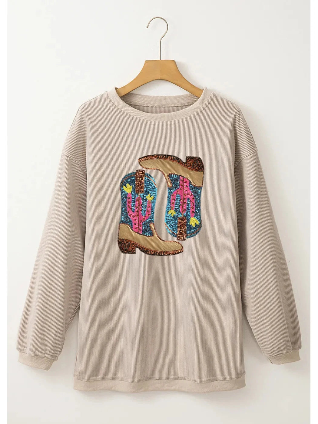 Women Full Size Sequin Boots Round Neck Long Sleeve Sweatshirt