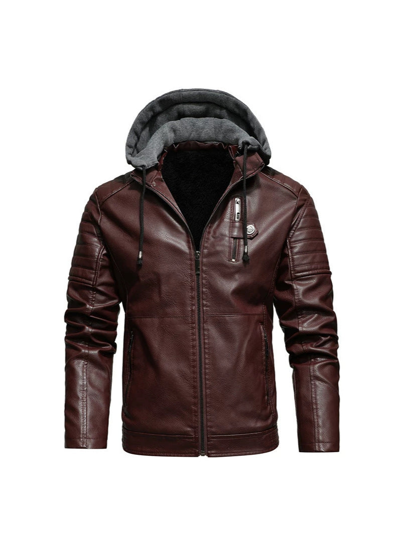 2026 Autumn And Winter New Men's Leather Jacket, Youth Men's Coat, Fleece-Lined Hooded Leather Jacket, Men's Jacket, Factory Ready Stock
