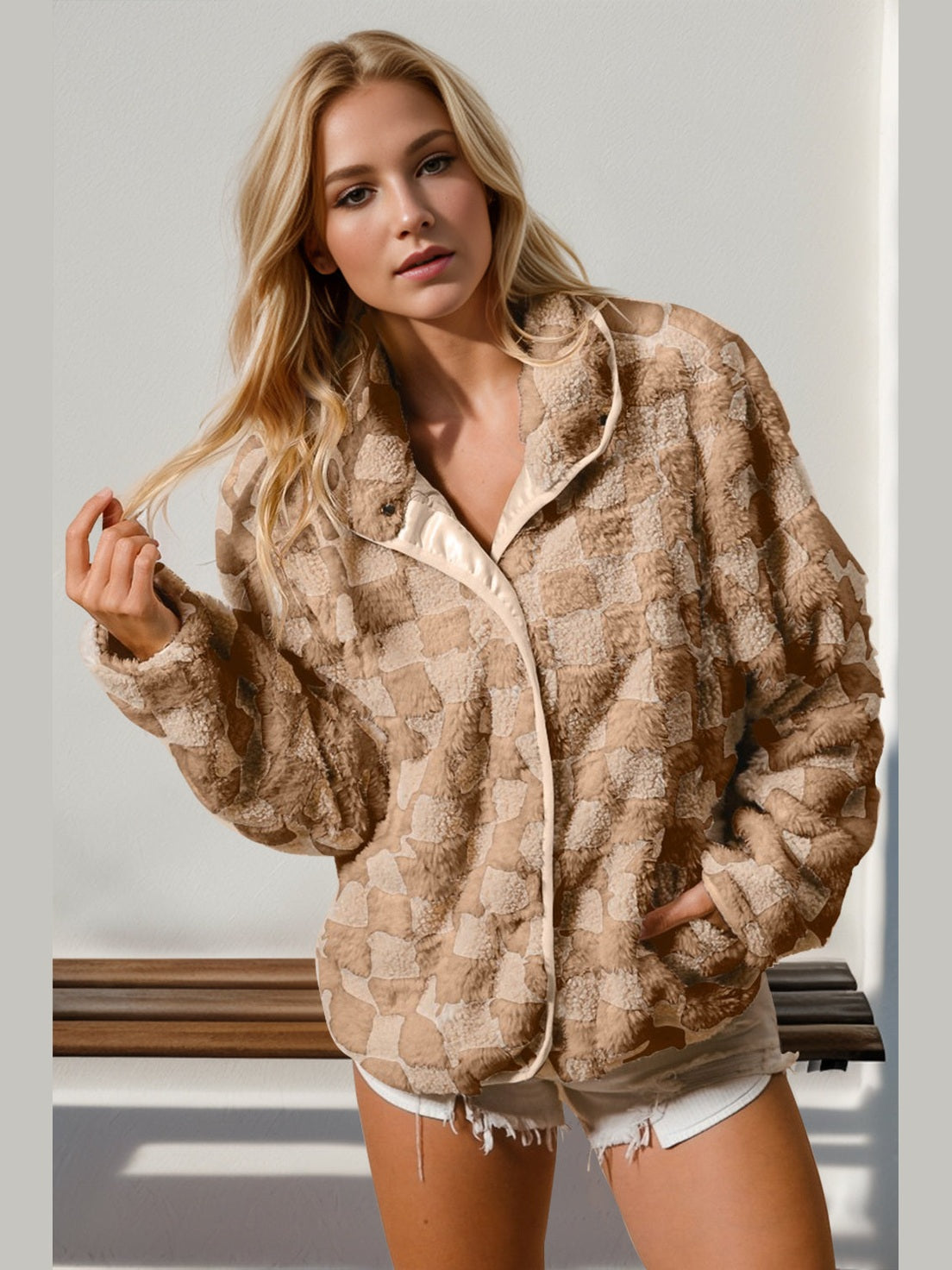 Women Double Take Checkered Long Sleeve Fuzzy Jacket