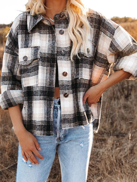 Women Pocketed Plaid Button Down Long Sleeve Shacket