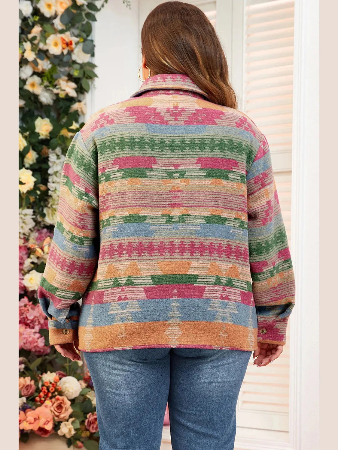 Plus Size Pocketed Printed Collared Neck Jacket