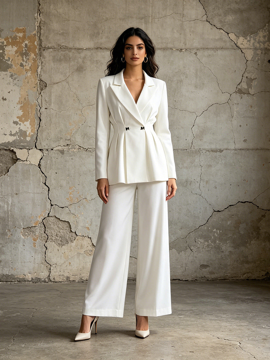 Solid-color Long-sleeve Fitted Blazer & High-waisted Straight-leg Trousers Set