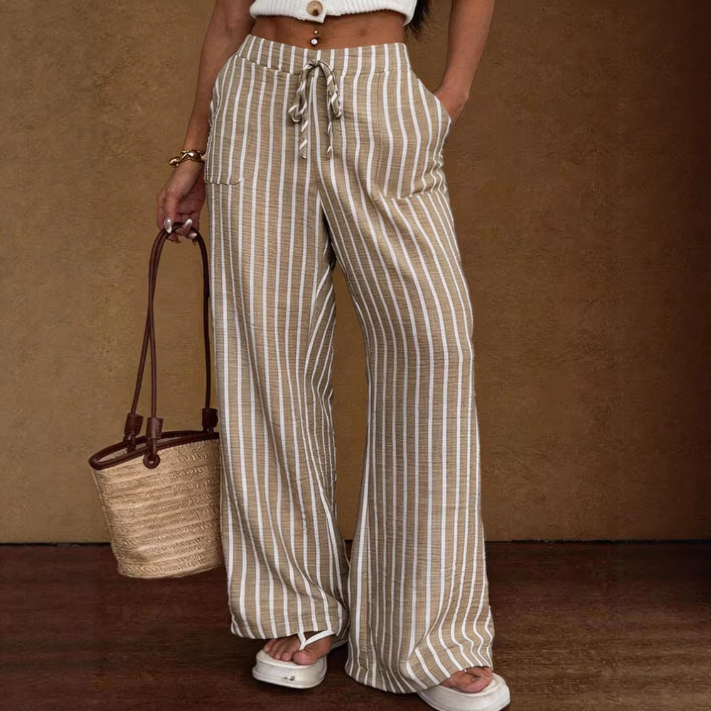 Striped Loose Commuter Casual Lace-up Elastic-waist Wide-leg Trousers