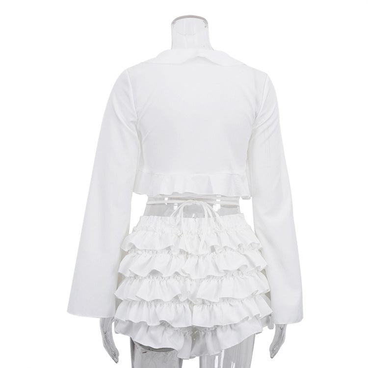 Crop Top With Tie-up Top & High-waisted Tiered Skirt Set