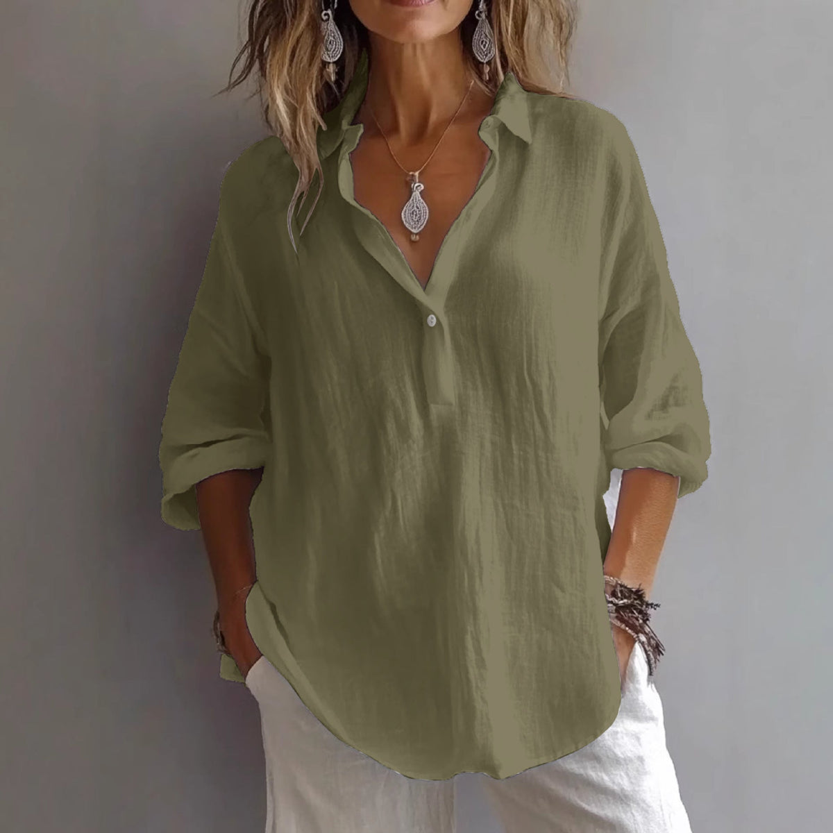 Fashion Long-sleeved Lapel Pullover Shirt Casual Loose Solid Color T-shirt Tops Women's Clothing