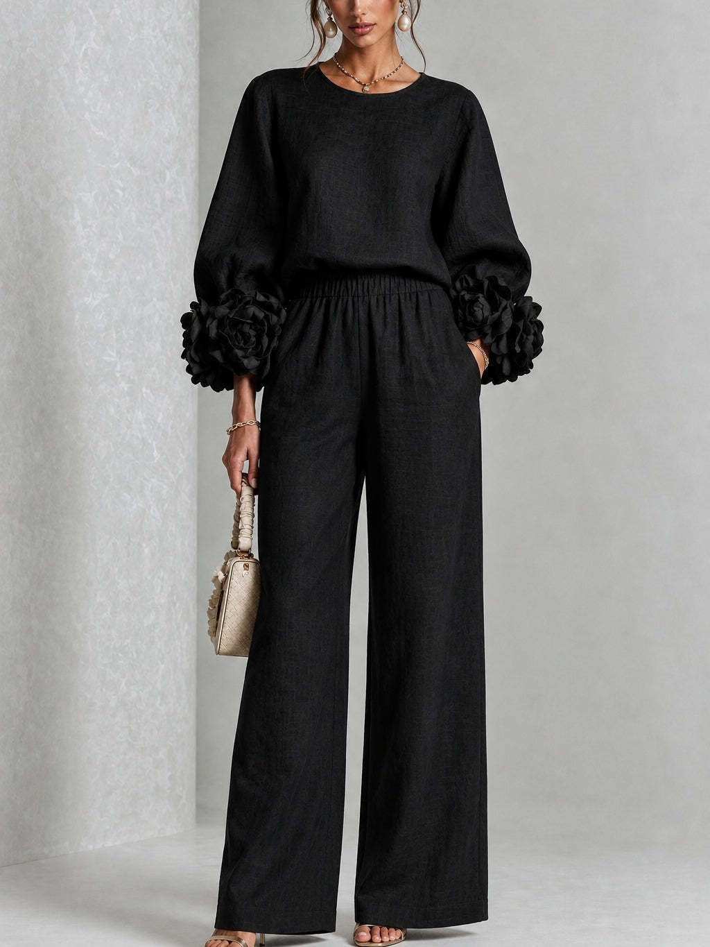 2026 New Beige European And American Style Floral Cuff Top And Wide Leg Pants Set
