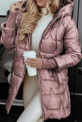 Solid Color Hooded Mid-length Cotton Coat With Three Zippers