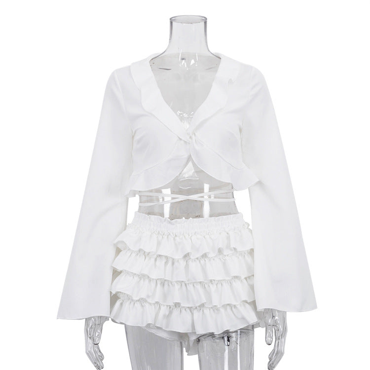 Crop Top With Tie-up Top & High-waisted Tiered Skirt Set