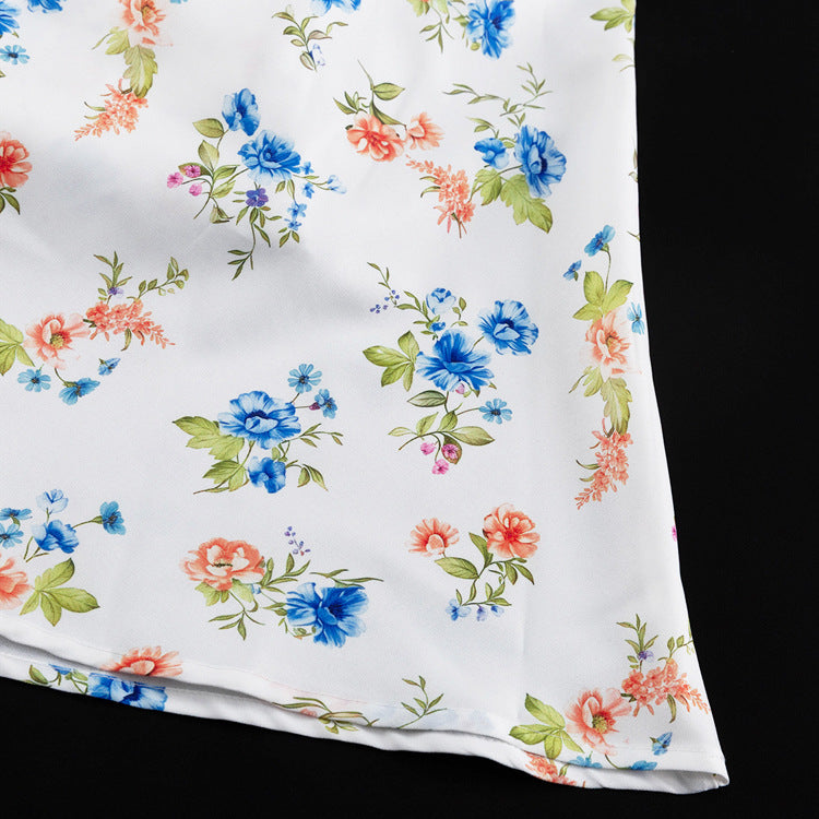 Contrast Lapel Puff Sleeve Floral Print Midi Dress