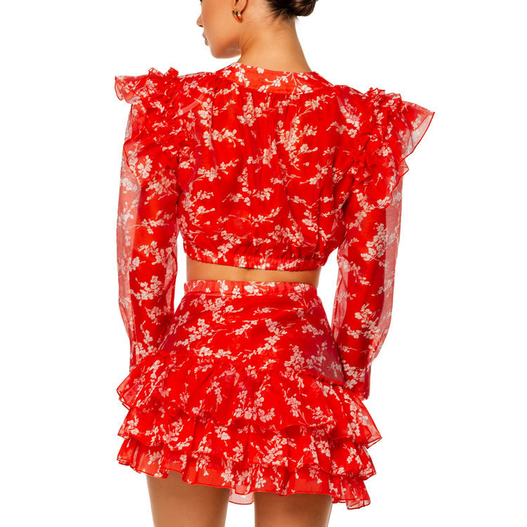 Round Neck Long-sleeved Cropped Top And Printed Skirt Two-piece Set