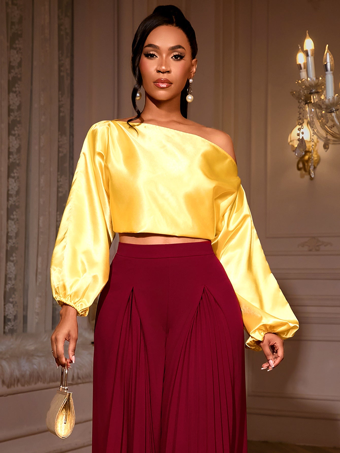 One Shoulder Balloon Puff Sleeve Cropped Blouse