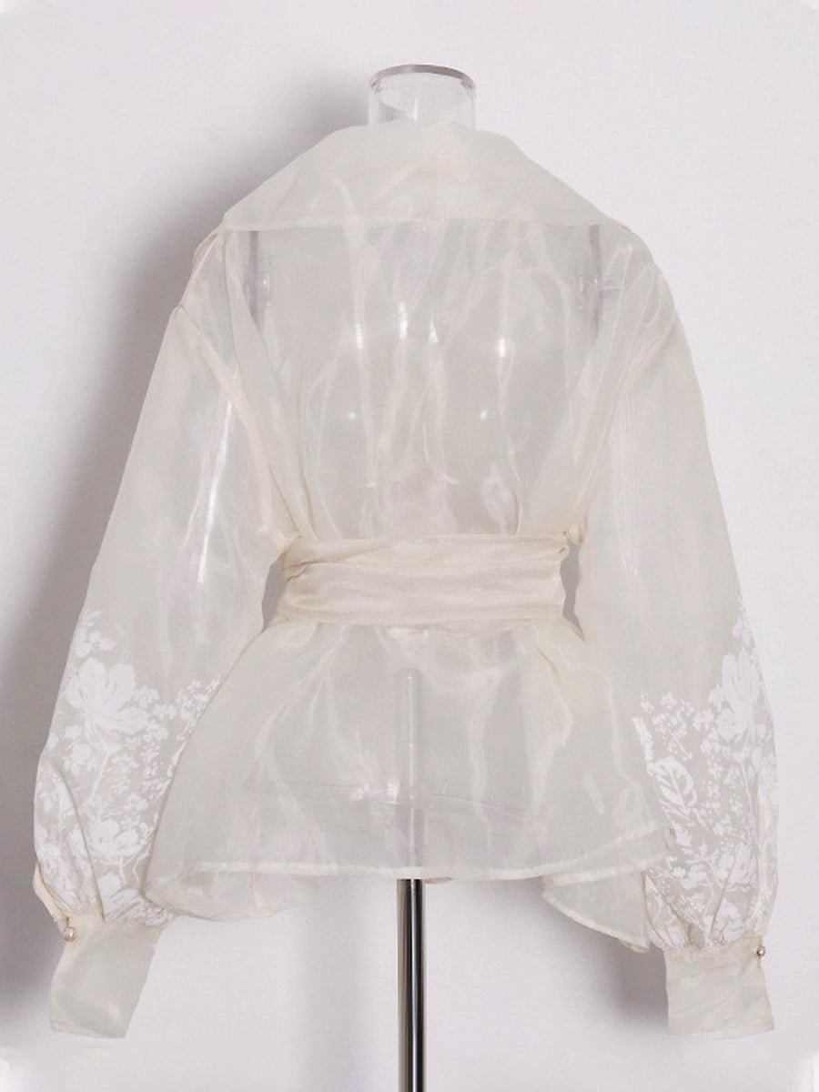 Floral Embroidery Wrap Belted Bishop Sleeve Blouse