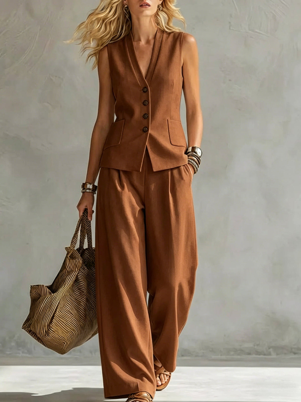 Two-piece V-Neck Sleeveless Vest And Wide Leg Pants For Women Summer Solid-Colored Sleeveless Casual Linen Tank Top And Pants Set