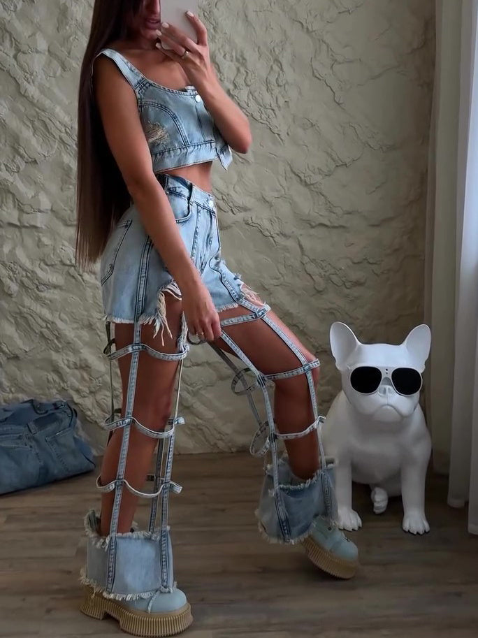 Trendy Light Blue Denim Strappy Crop Top And Ripped Shorts Set