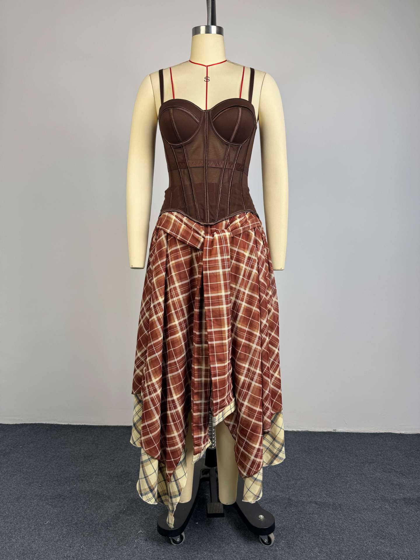 Brown Corset Top & Plaid Asymmetrical Skirt 2-Piece Set