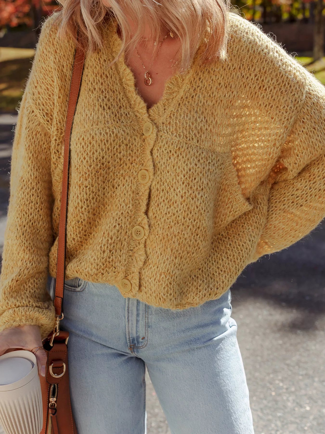 Women Lantern Sleeve Scallop V Neck Buttoned Front Cardigan Sweater