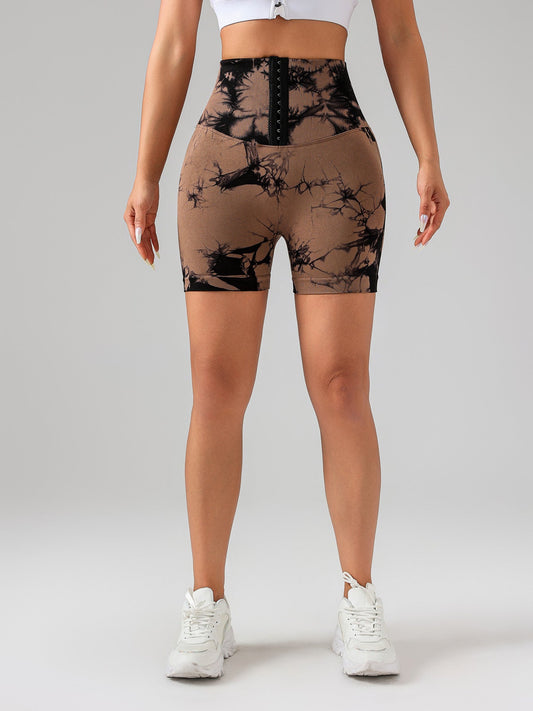 Tie Dye Button Everyday Wear Spring Summer Sports Shorts, High Waist Butt Lift Tie Dye Shorts, Women's Summer Yoga Wear Fitness Shorts Running Sports Fitness Yoga Shorts