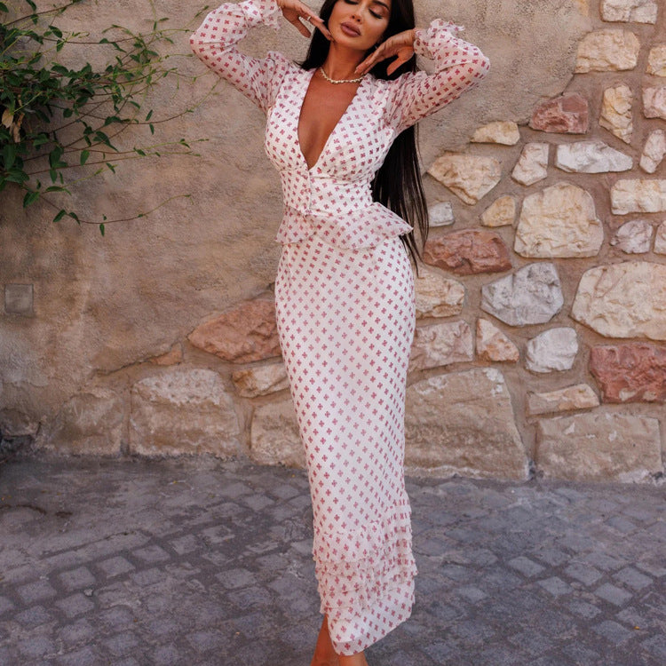 Cross Print Two-Piece Peplum Set